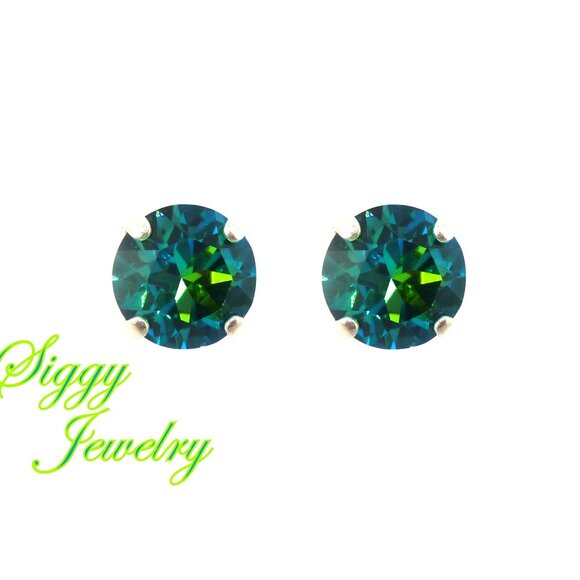 Green Sphinx Solitaire Crystal Earrings, 10mm (45ss) Drops or Studs, Iridescent - Picture 1 of 8